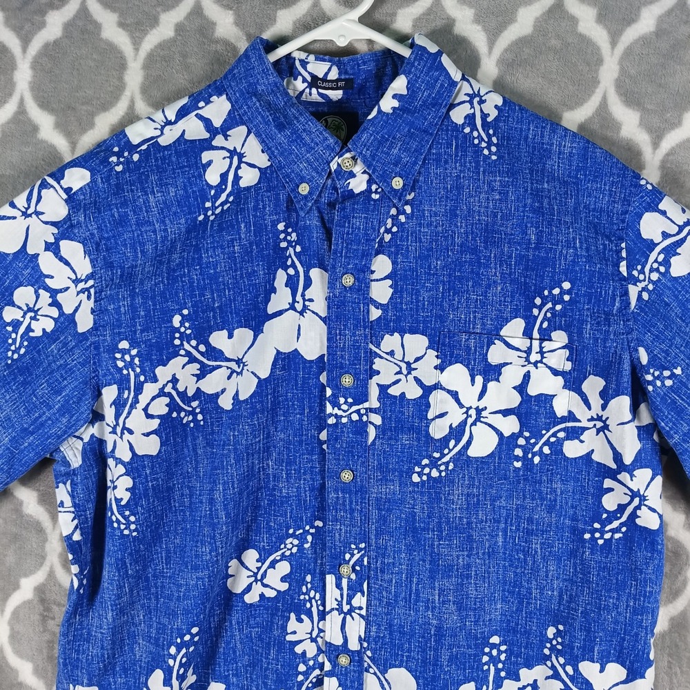 Reyn Spooner Hawaiian Shirt Men L Blue White Hibiscus Classic Fit Button Down